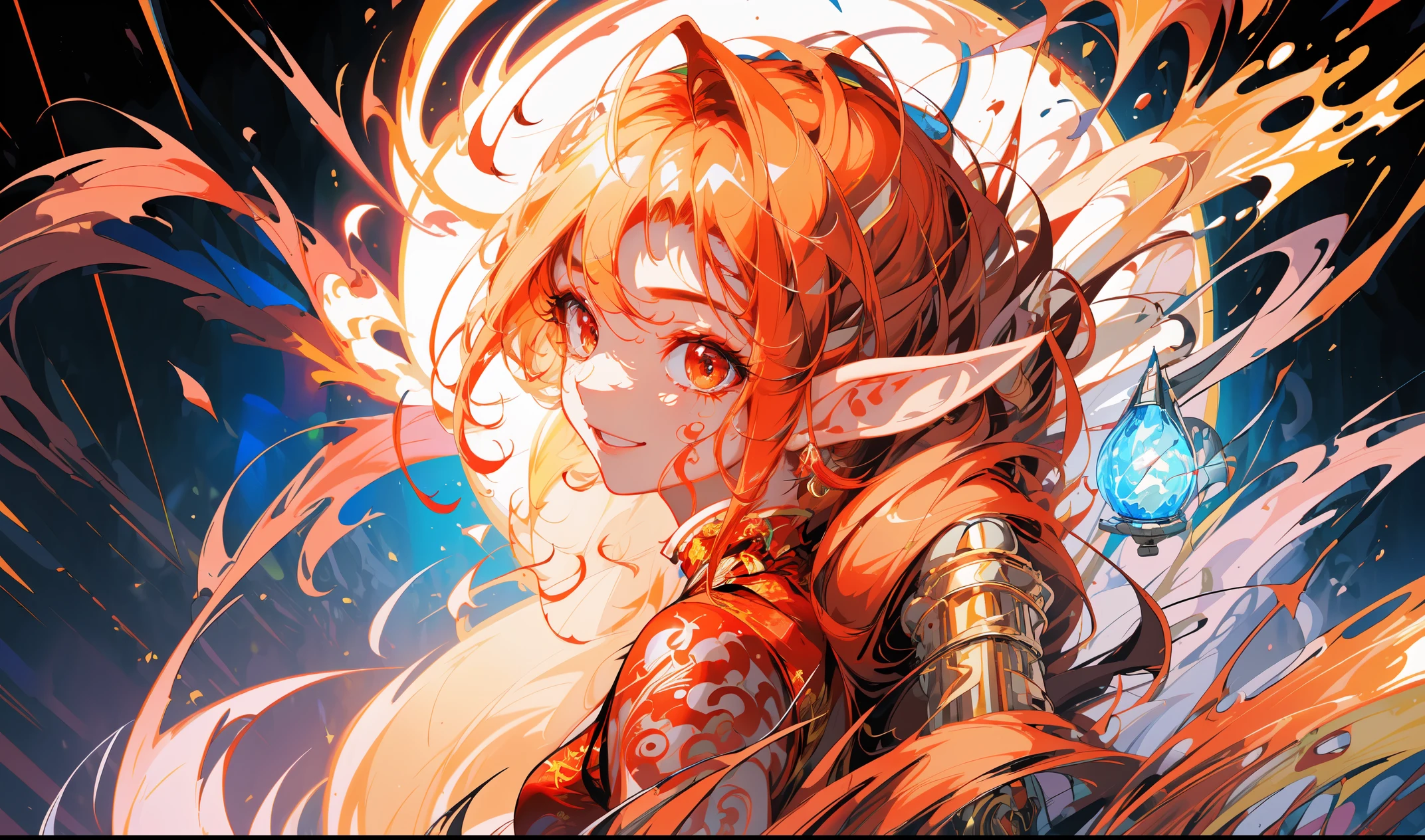 ((half body Portrait of a fire elf)), red flowing hair, shiny red eyes,( medium length pointy ears),orange fire around, flaming theme, burning atmosphere, (detailed sexy Chinese style costume:1.2), red glowing tattoos, orange crystal jewelry, light smile, mature body, colorful ,by Mappa studios,masterpiece,best quality,official art,illustration,ligne claire,(cool_color),perfect composition,absurdres, fantasy,focused,rule of third, close up portrait
