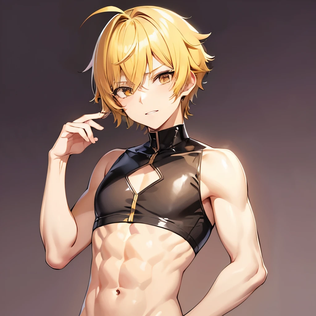 A cute anime femboy (1 male) a teenager- yellow hair - (brown eyes() "showing small abs (short hair