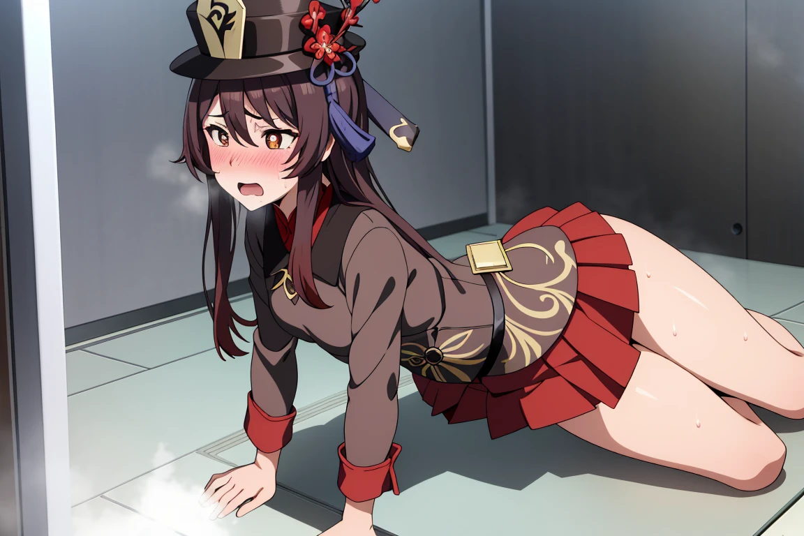 alone, 1 girl, masterpiece, best quality, Japanese cartoons, highly detailed back ground,blush，crouch，shy，blush，kneeling，original clothing，HuTaoV4，cheongsam，Magician hat，mid length skirt，open mouth，Slobber，sweat，frown，Uncomfortable expression，A patient expression，bathroom，tub，Shower