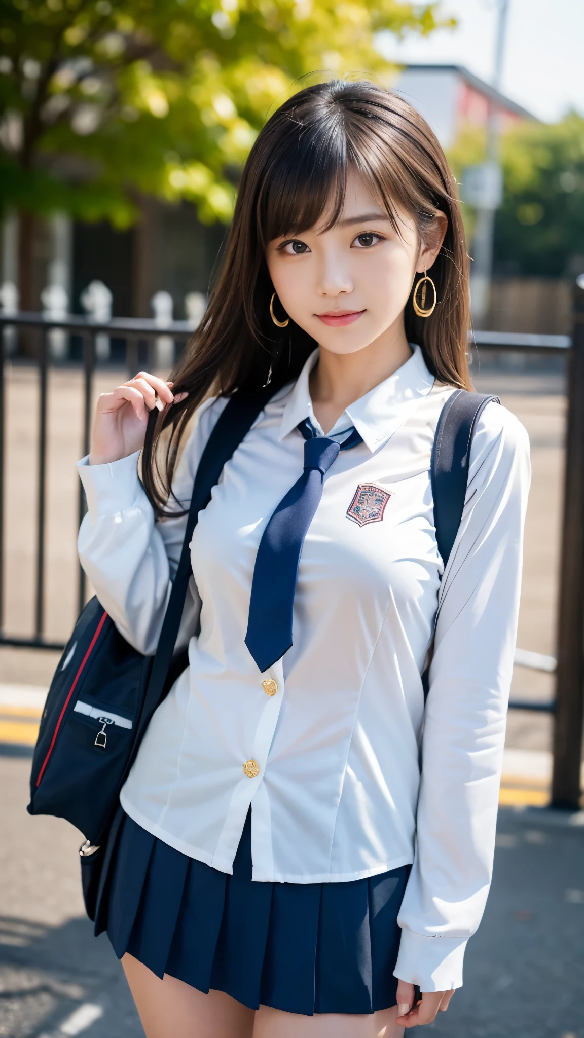 mix 4, (16K, Raw photo, best image quality, masterpiece: 1.45), (realistic, Photoreal: 1.37), one girl, cute, cityscape,, professional lighting, photon mapping, school classroom, Physically based rendering, dark brown hair,ponytail hairstyle, Beautiful well-groomed eyes、((double eyelid))、super cute girl, (((school uniform、blazer、Long-sleeved shirts worn by Japanese high school girls、ribbon tie、Dark blue super mini skirt,、dark blue socks、black loafers))), highest quality photos, High resolution, 1080P, (clear face), (Detailed facial description), (detailed description of hands), (masterpiece), (Detailed CG)、extreme light and shadow、messy hair、master work、Rich details、(detailed facial features)、(highest quality photos)、(Masseter muscle part)、(detailed eye)、look in front of you、thin clavicle、((slender and big))、(((Japanese high school girls wear long-sleeved shirts)))、((neat idol))、((school gate、schoolyard、School building in the background))、(Take photos from random viewpoints)、(((Anyway it's cute)))、earrings、big smile、Draw the whole body from the knees、Do not draw fine lines、(((Sports bags used by Japan schoolgirls)))、(Big breasts that hang down big:1.2)、big firm butt、Two arms and two legs、(((from the front:0.7)))、bare hands、(((symmetrical eyes)))、standing pose、put your hands on the desk、Do not remove the tie from the jacket、raise your butt、cocked ass、
