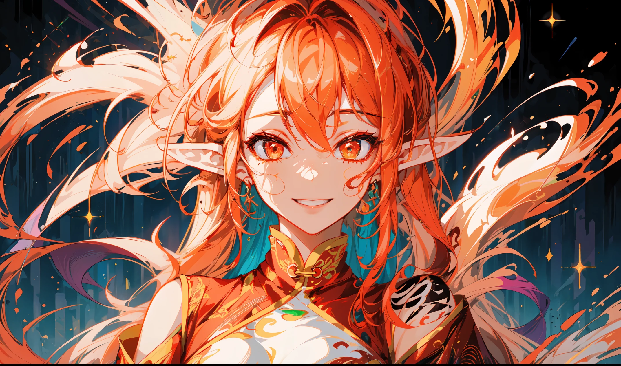 ((half body Portrait of a fire elf)), red flowing hair, shiny red eyes,( medium length pointy ears),orange fire around, flaming theme, burning atmosphere, (detailed sexy Chinese style costume:1.2), red glowing tattoos, orange crystal jewelry, light smile, mature body, colorful ,by Mappa studios,masterpiece,best quality,official art,illustration,ligne claire,(cool_color),perfect composition,absurdres, fantasy,focused,rule of third, close up portrait