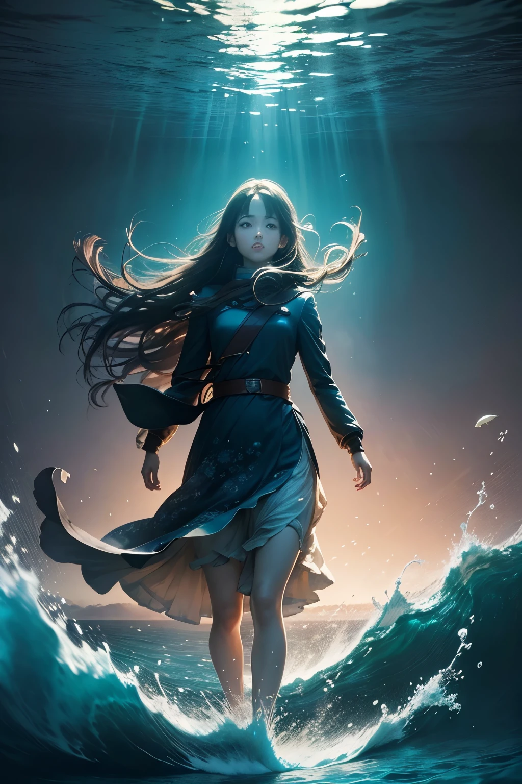 Takako Hirai, Mark Tansey, Surreal, mysterious, strange, fantastical, fantasy, Sci-fi, Japanese anime, walking under the sea, beautiful girl, long hair swaying underwater, several streaks of light shining from the sea surface, detailed masterpiece