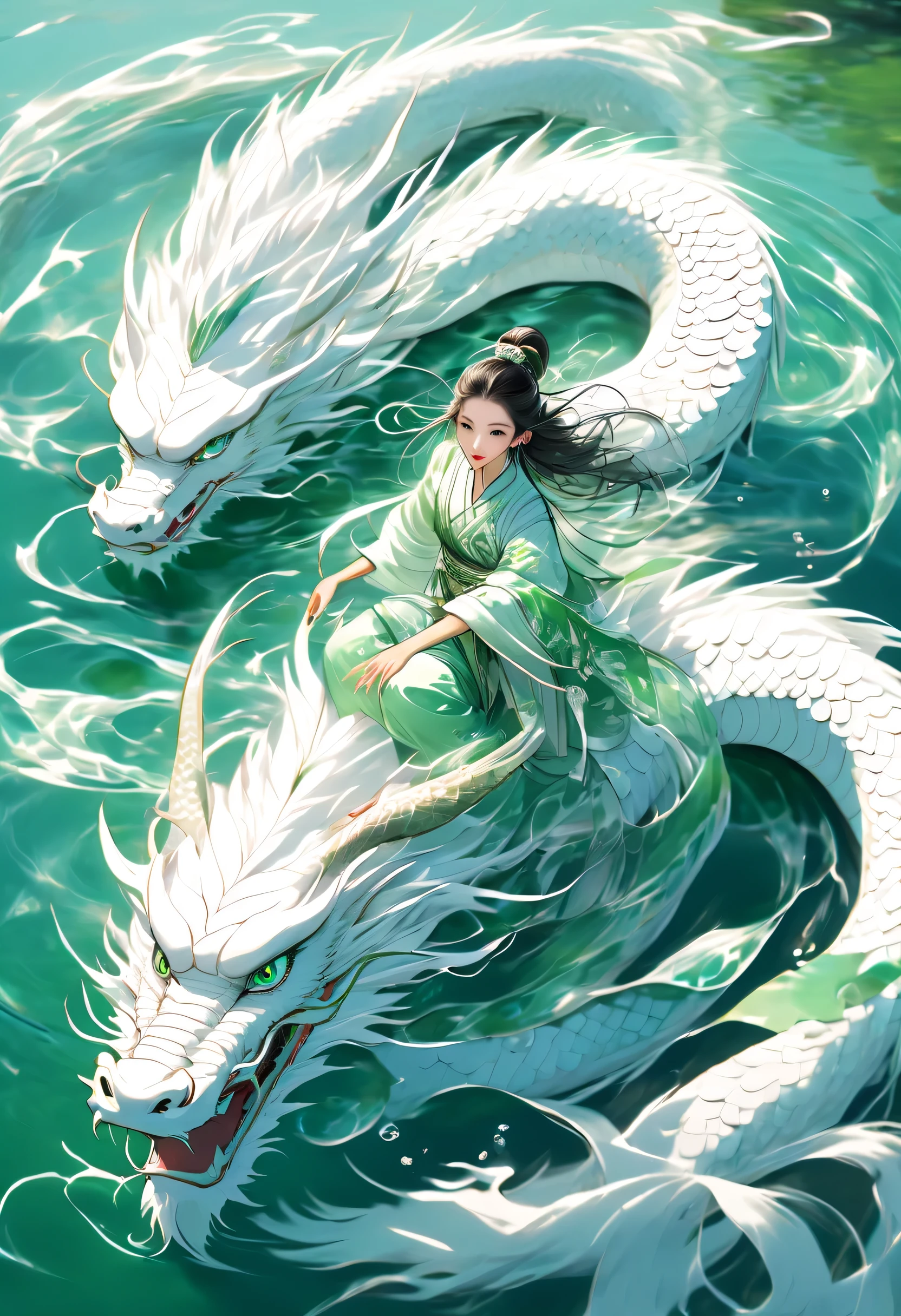 hyper-realistic ，A white Chinese dragon swims under the lake, There is a beautiful girl in white beside me,，Bird's eye view style，Gorgeous national costumes，green and cyan gradient，The surface of the water ripples in circles，blue green lake water，Chinese martial arts world，Transparent lake water