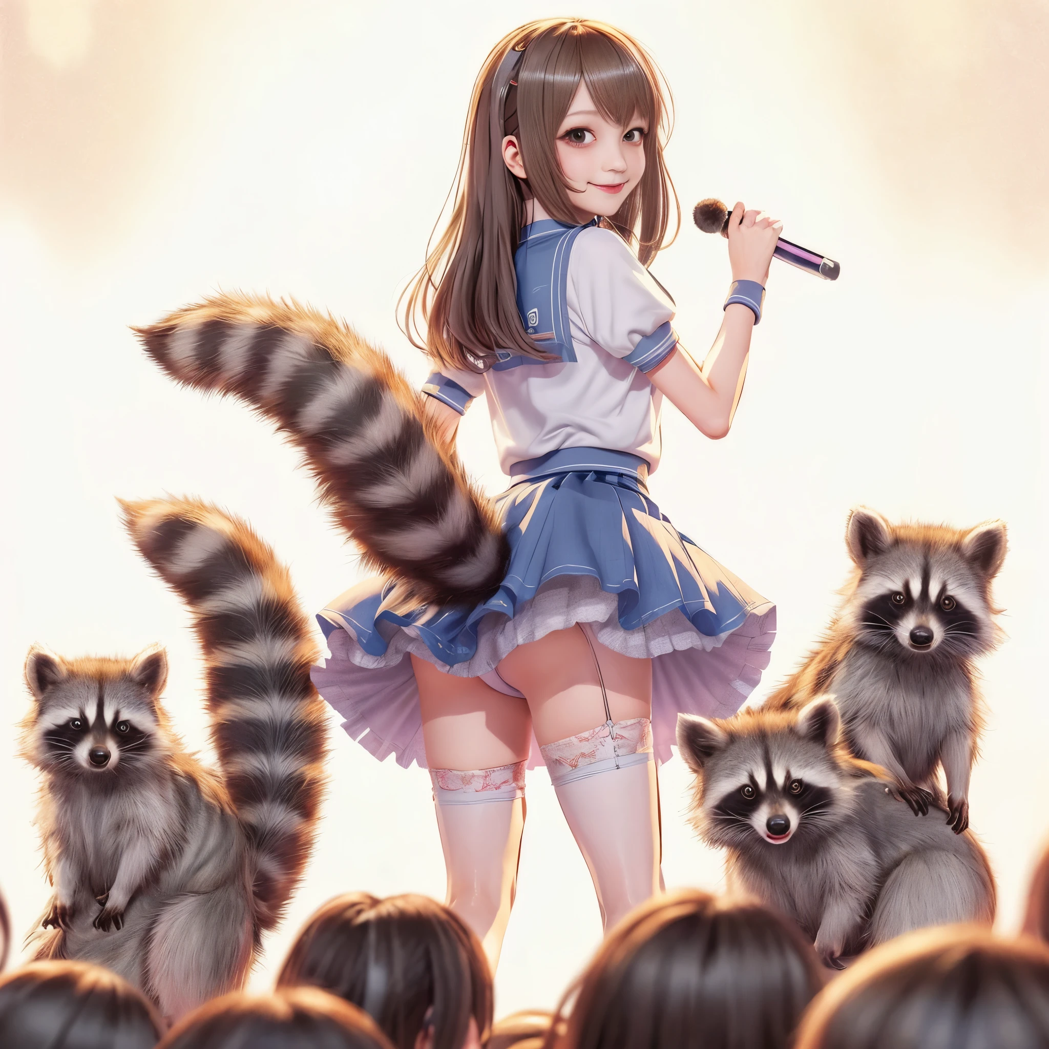A female idol with a raccoon tail on stage,(software) safe for work, on pixiv, fur with tail, high qualityのファンアート, software version, coworkers, realistic style, , realistic style on pixiv, Highly detailed exquisite fan art, beautiful girl, photograph, 最high quality, (Her miniskirt is flipped up by her tail:1.8) ,Reality, small breasts, slender, white panties,tail from above panties, Tail from inside the skirt, bushy tail, realistic tail, flat chest, (software) safe for work, nffsw, retina, muste piece, Accurate, anatomically correct, rough skin, super detail, advanced details, high quality, 最high quality, High resolution, 1080p, 4k, 8K, The tail is sticking out from inside the skirt, long tail, Glittering stage, A sloppy smile
