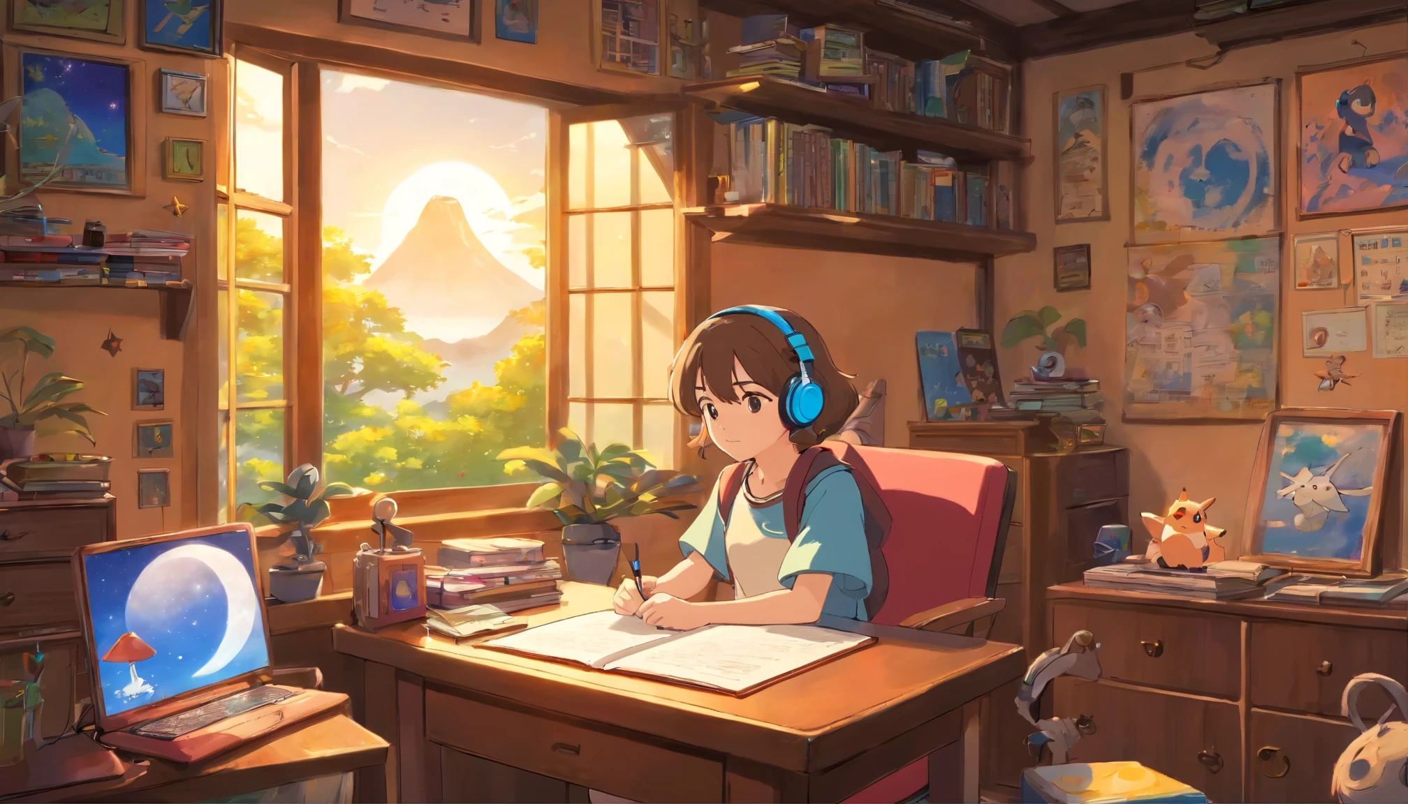 (table top) Girl sitting in his room and studying, on his desk, with headphones on, geek decoration, Pokemon plush on the wall, posters, window with moon and stars, careful, Peaceful, thought