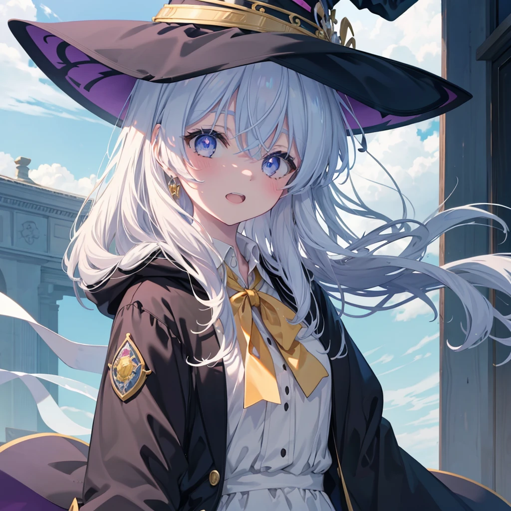 (masterpiece:1.6, highest quality), (Beautiful detailed eyes: 1.2),  phElaina, Euftit 3,  Eof3, 1 girl, Elaina (majo no tabitabi), alone, witch hat, long hair, black hat, blue eyes, collared shirt, hair between eyes, white shirt, ribbon, yellow ribbon, bangs, upper teeth only, teeth, neck ribbon, bow, witch, open clothes, blush, anime coloring, hood, yellow bow, jewelry, floating hair, yellow bowtie, shiny hair, bowtie, black robe, wing collar, open robe, purple eyes, dress shirt,箒に股がってnullを飛んでる,null,cloud,sunny