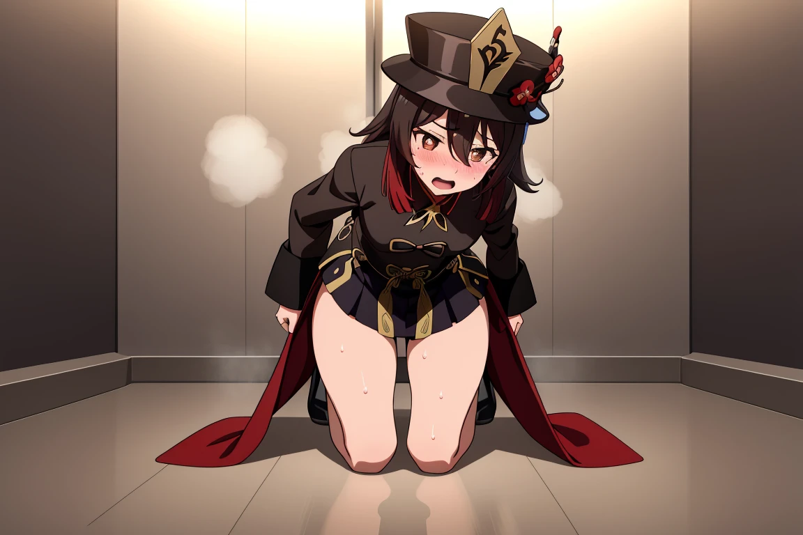 alone, 1 girl, masterpiece, best quality, Japanese cartoons, highly detailed back ground,blush,crouch,shy,blush,kneeling,original clothing,HuTaoV4,cheongsam,Magician hat,mid length skirt,open mouth,Slobber,sweat,frown,Uncomfortable expression,A patient expression,bathroom,tub,Shower