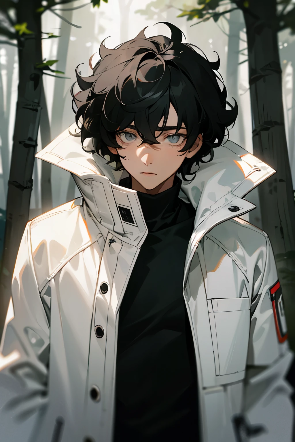 grey eyes, black curly hair, white coat jacket, black turtleneck sweatshirt, teenager boy, forest background, light skin,