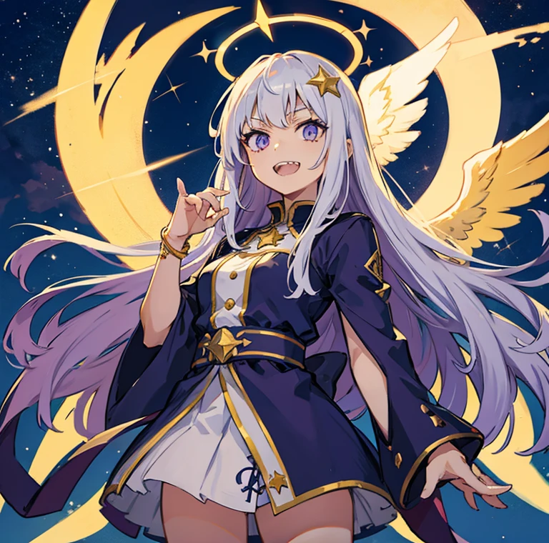 an anime of a woman holding a star and a hand with a ring on it sharp teeth, wings, solo, jewelry,
1 girl, halo, teeth, crescent, the anime of a white angel girl in between a purple star and clouds with an earthy color palette, sharp teeth, wings, 1girl, solo, teeth, jewelry, long hair, ahoge, crescent, halo, star (symbol), star (sky), 白髪, 紫瞳