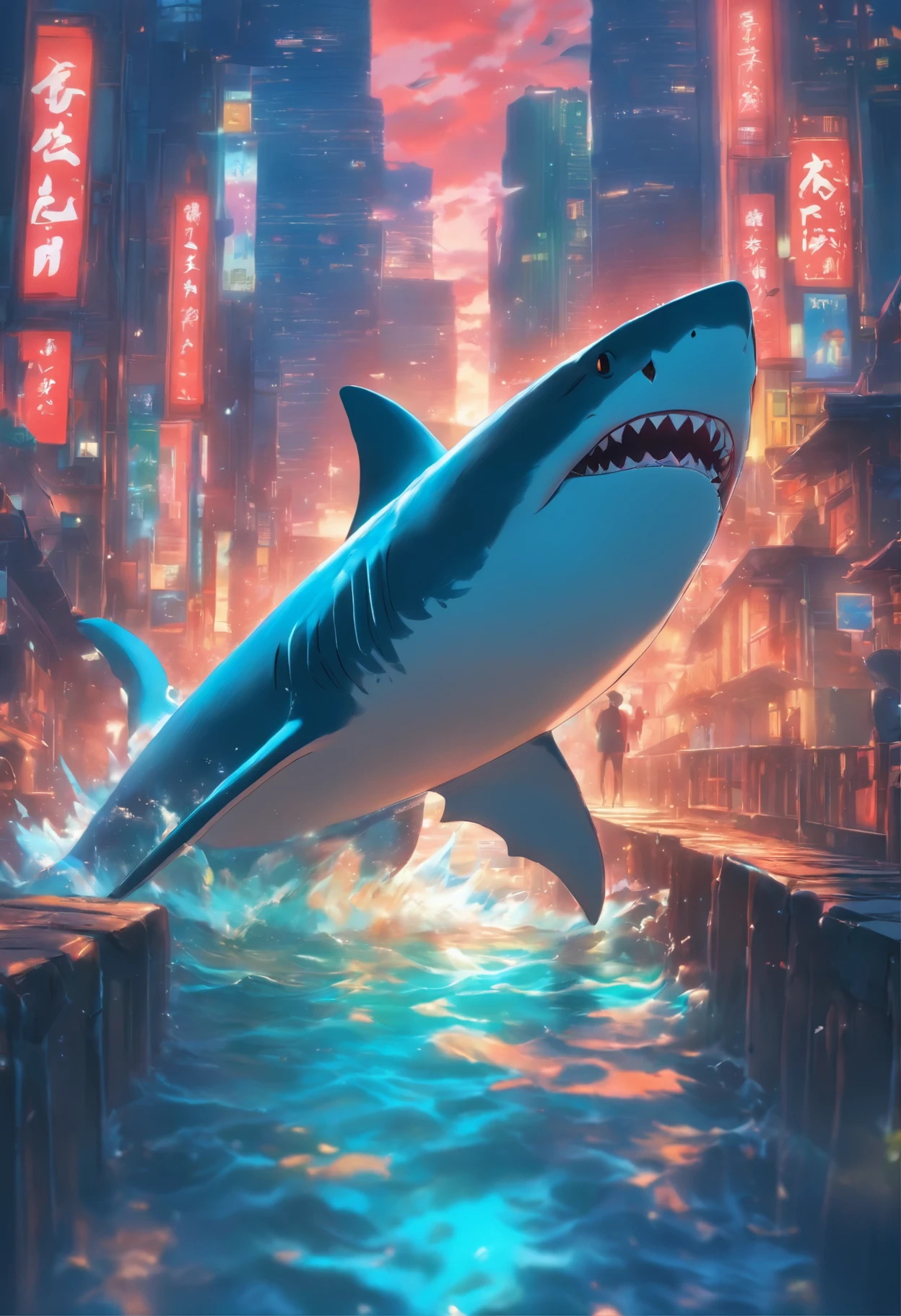 Shark swimming over the city,Looking up,Makoto Shinkai animation style,Makoto Shinkai animation art style,Ultra-wide angle of view,Chinese style,Red brick house in the 1980s,Vision,The colors are bright and bright,Super fine,Super detailed,high quality,8k ,oc rendering,dynamic perspective,Super real,Super real照片