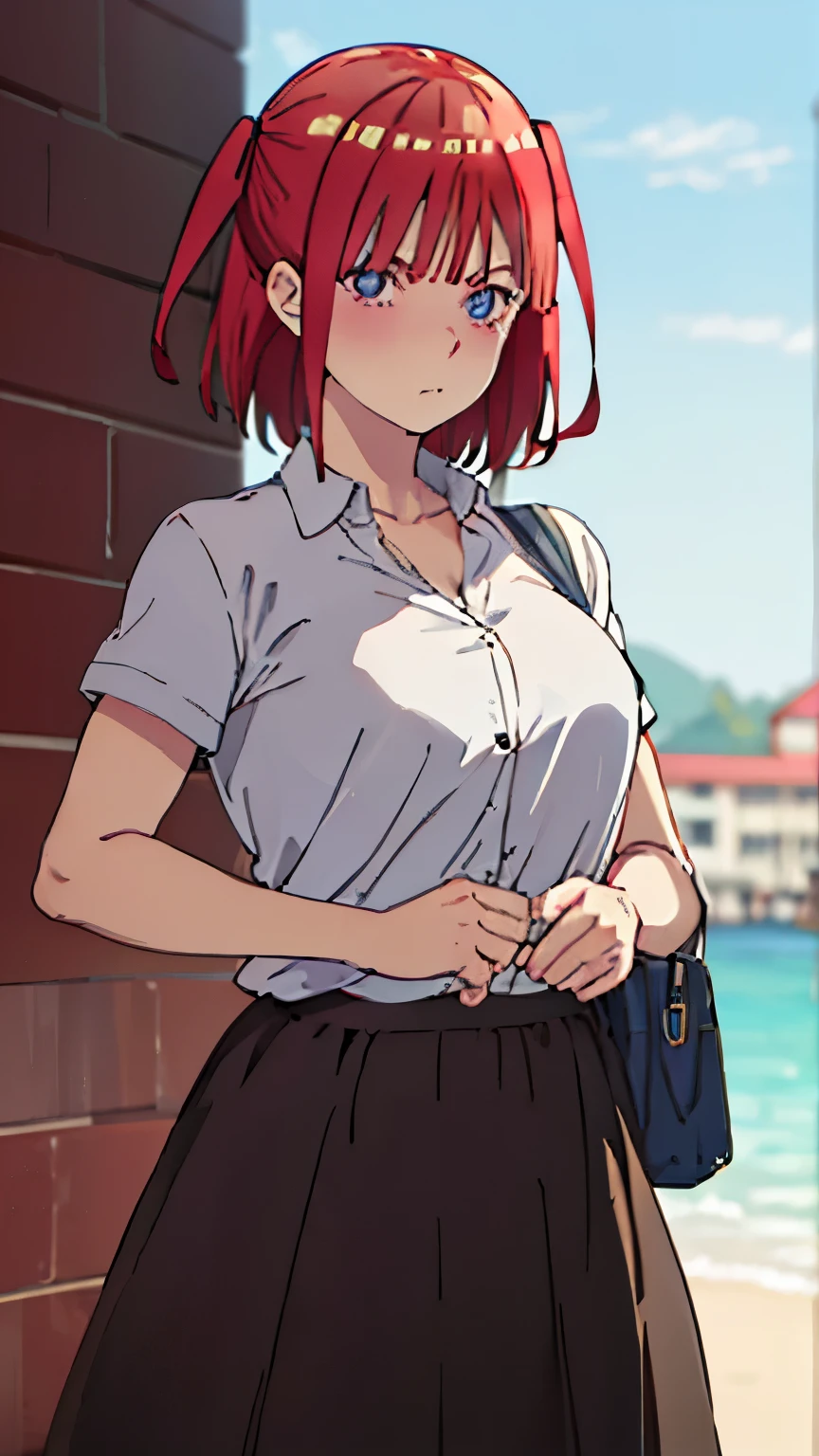 ufotable screen cap, 1girl (masterpiece), (best quality,)(shiny hair), (shiny skin), (shiny skin), solo, short hair, boob curtain, under boobs, upper body, (uniform), bare shoulder, collar bone, mole, arm up, beach, selfie