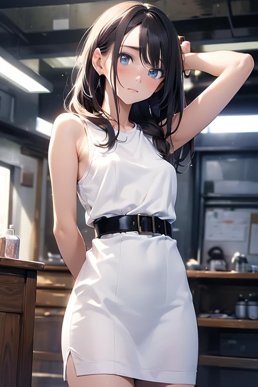 ((masterpiece)), ((best quality)), (ultra-detailed), NSFW, ((torture room)),(torture),(((slim the waist with a belt))),(((single narrow belt strongly bound waist))),a cute girl, 1girl, solo, (white mini tanktop dress),(both wrists tied above the head using rope), (both wrists hung from the ceiling),((thin waist)),((bdsm)),beautiful pinkbrown hair, beautiful blue eyes, (beautiful eyes), long hair,troubled expression