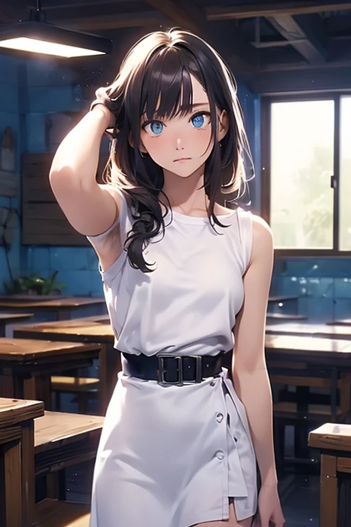 ((masterpiece)), ((best quality)), (ultra-detailed), NSFW, ((torture room)),(torture),(((slim the waist with a belt))),(((single narrow belt strongly bound waist))),a cute girl, 1girl, solo, (white mini tanktop dress),(both wrists tied above the head using rope), (both wrists hung from the ceiling),((thin waist)),((bdsm)),beautiful pinkbrown hair, beautiful blue eyes, (beautiful eyes), long hair,troubled expression