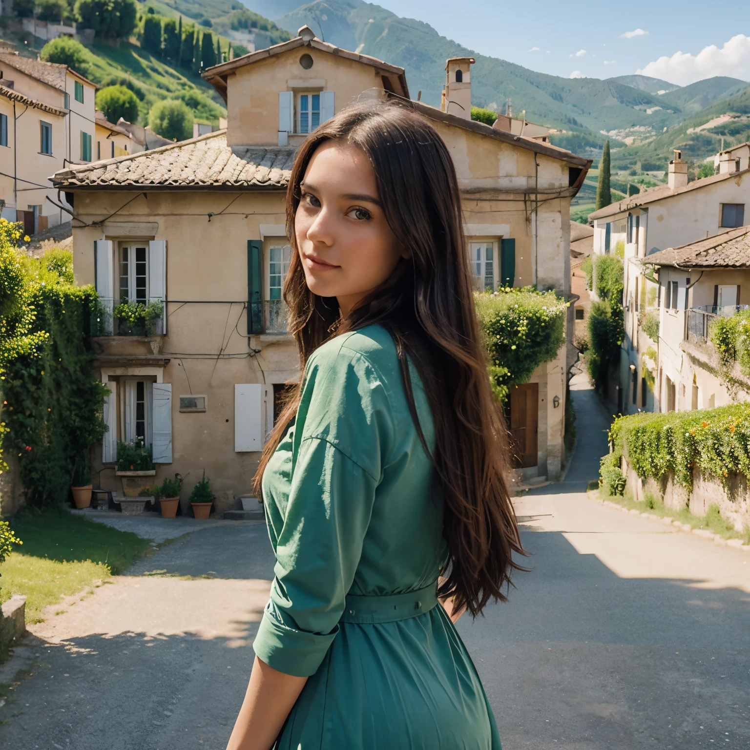 An elegant girl with long dark hair poses gracefully in front of an idyllic Italian landscape. In the background, green hills, colorful houses, and a blue sky complete the picturesque atmosphere of the small village.