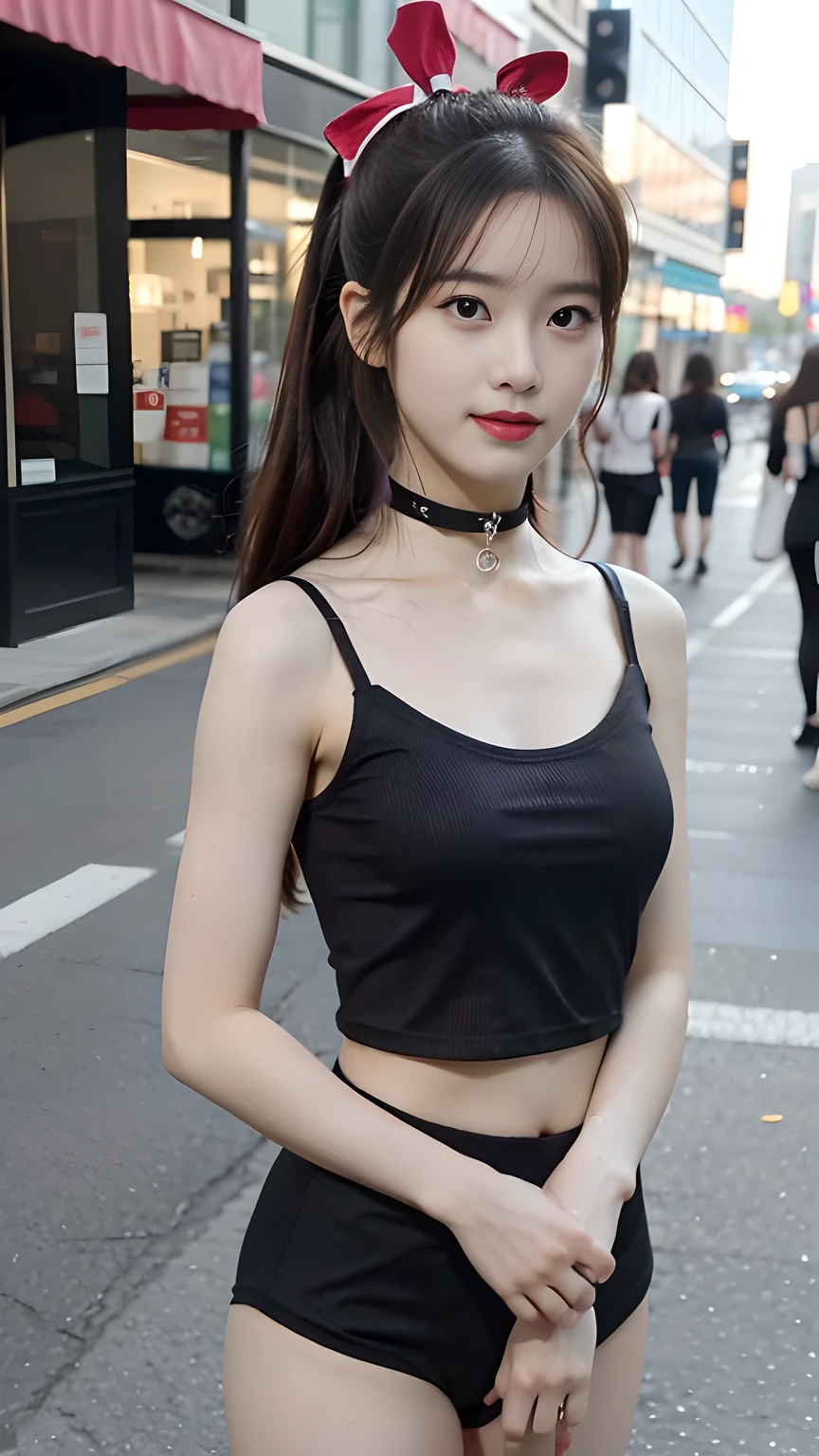 A cute Japanese Instagram model wearing a black cropped tank top and blue jeans, standing outside at night in front of the hotel entrance with her hands on her hips. She has long hair tied back into an updo hairstyle and is wearing red lipstick. The shot is from the waist up, and she is posing for Instagram photos. --ar 3:4