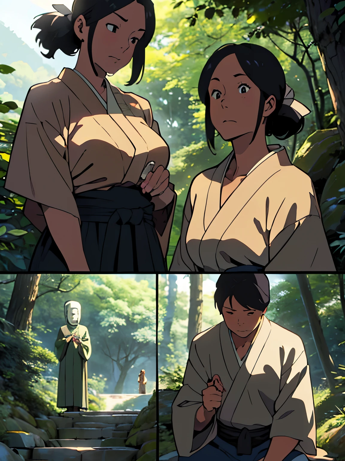 (Best Quality,4K,8K,masutepiece)), (((manga storyboad:1.3, Frame split, comic multiple views:1.3))), from below, Low Angle, (hyperdetailed body), (hyperdetailed face), (A infant wrapped in cloth is abandoned next to the Jizo statue), (
A woman picks up a infant wrapped in cloth), (woman squatting), 1infant, 1milf, (((50 years old))), (Narrow eyes:1.3), (((tareme:1.3))), (real mature woman), (Large breasts:1.1), (Large buttocks:1.2), drooping chest, sagging breasts, wrinkles skin, long face, (Plump body:1.3), (Turban:1.2), natural lighting, simple clothes, kosode, zouri, Japanese folk tales,  japanease farmers,forest road, close eyes, looking down, small stone penis, moss-covered stone, ambient light, forest road, sunlight filtering through the foliage, close-up of small Stone Jizo Statue,front view
