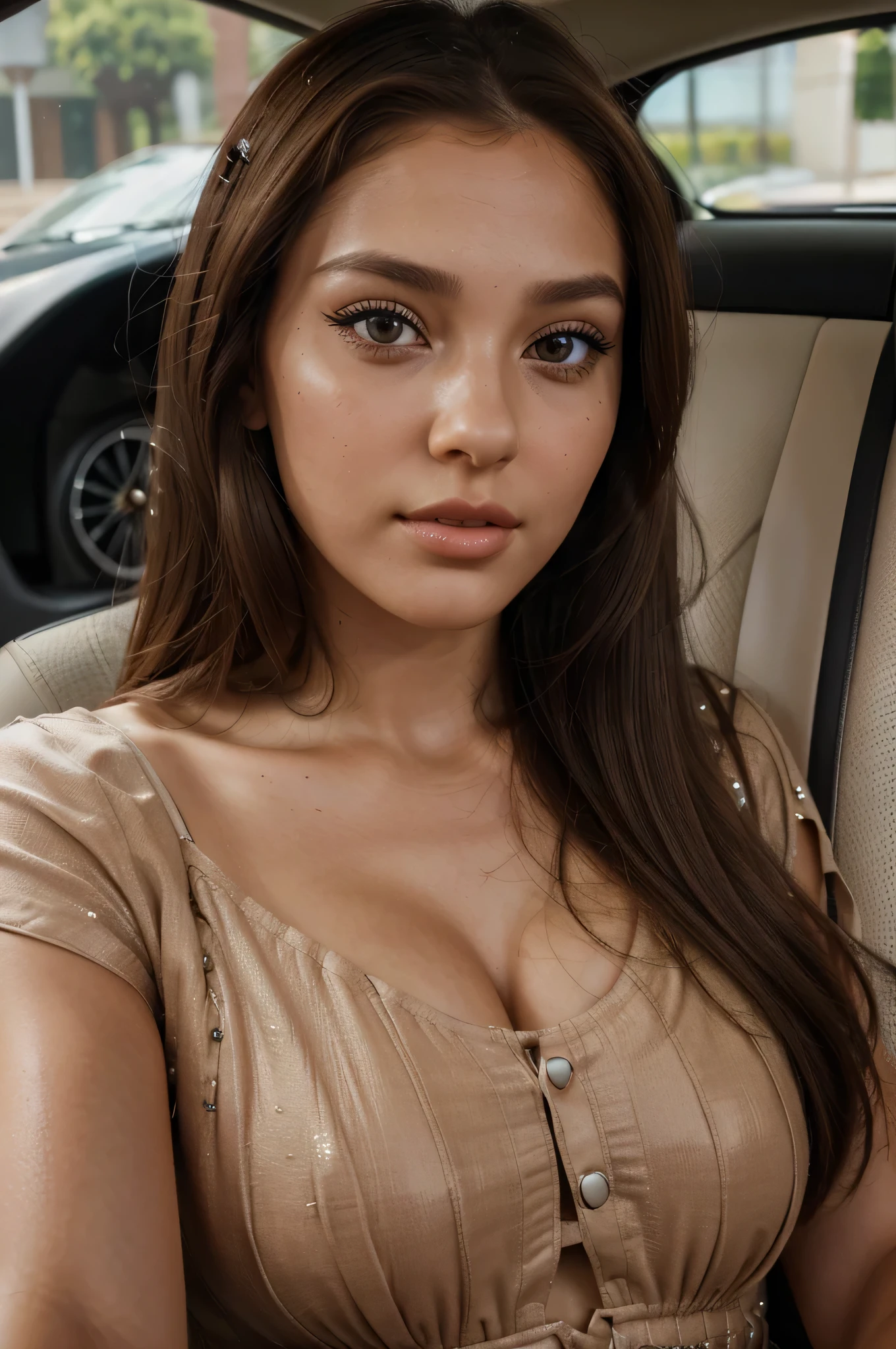 (linda garota em um carro, cabelo castanho, long eyelashes, brasileiro), high resolution,ultra-detalhado,lindos olhos detalhados,beautiful detailed lips,olhos e rosto extremamente detalhados, (o custome um vestido curto), surrealismo, 8k, super detalhe, preciso, melhor qualidade, Orelha corada, 19 anos, alto