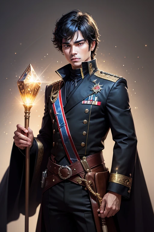 solo front male black hair wizard uniform glittering cane