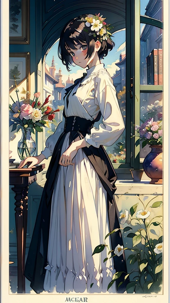((Watercolor by singer Sargent))、(highest quality、masterpiece)、1 girl、、wonderful、short black hair、small breasts、uniform、long skirt、library、Book、flower shop、Bookを読む、table、Floral、window、Foliage plant、 wood,