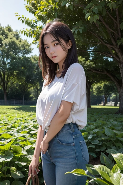 Please create a scene of a 20-year-old woman enjoying farming in ultra-high resolution.