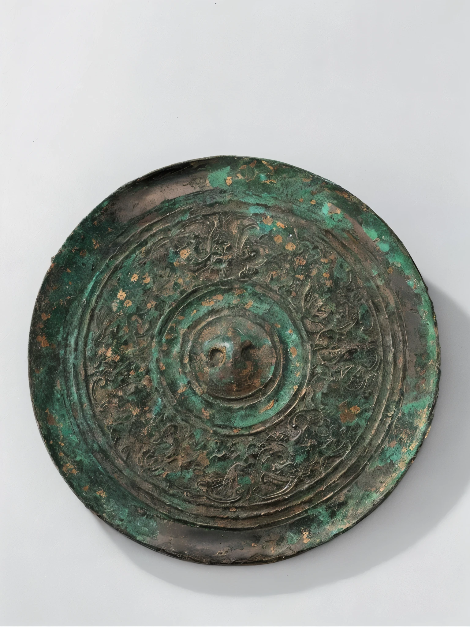 Close-up of a metal object with a circular design, China gorgeous, dongson bronze artifacts, museum artifact, gujian, Rome, medal, patina, bronze, Chinese art style, mu pan, Located on textured disc base, Song, Metal cover, baroque style objects, metallic shield, Armor plates, with dong son bronze artifacts, unknown artist, museum items