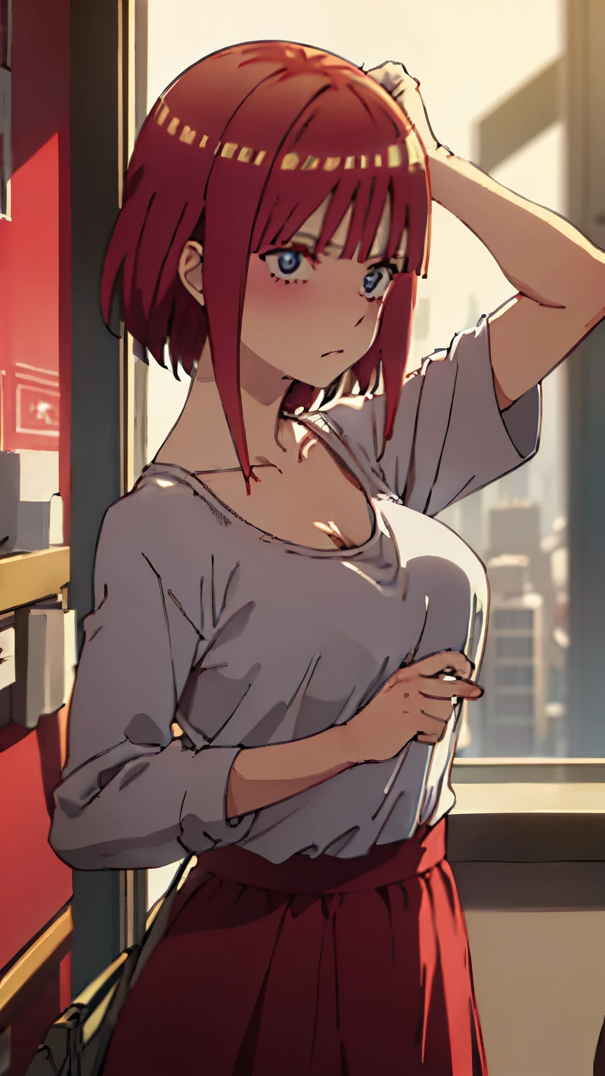ufotable screen cap, 1girl (masterpiece), (best quality,)(shiny hair), (shiny skin), (shiny skin), solo, short hair, boob curtain, under boobs, upper body, (one piece), bare shoulder, collar bone, mole, arm up, beach, selfie