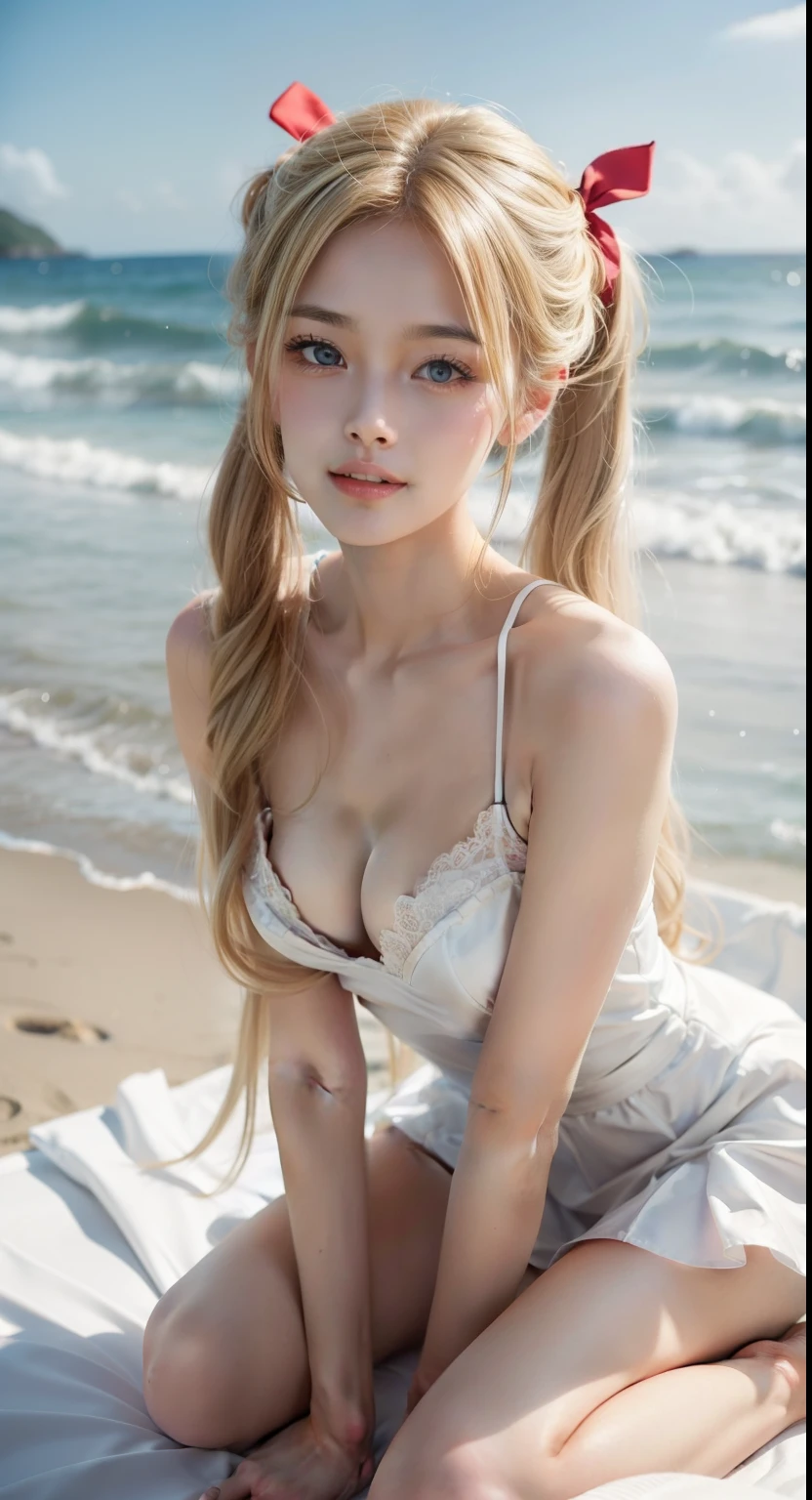 Masterpiece,best quality,very detailed, 
change,flat chest wedding dress,Twintail,Stupid fuck,long hair,smooth apart,I was pulled back,Hair consumption,blonde hair,Delicate beautiful face,seductive smile,bare shoulders,Barefoot,Red Ribbon,
cowgirl position,beach