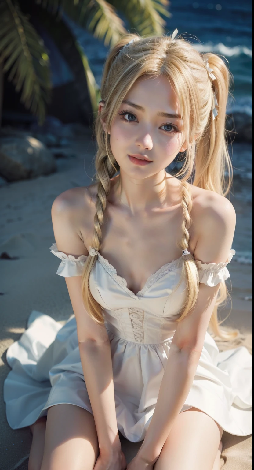 Masterpiece,best quality,very detailed,
change,flat chest wedding dress,Twintail,Stupid fuck,long hair,smooth apart,I was pulled back,Hair consumption,blonde hair,Delicate beautiful face,seductive smile,bare shoulders,Barefoot,Red Ribbon,
cowgirl position,beach