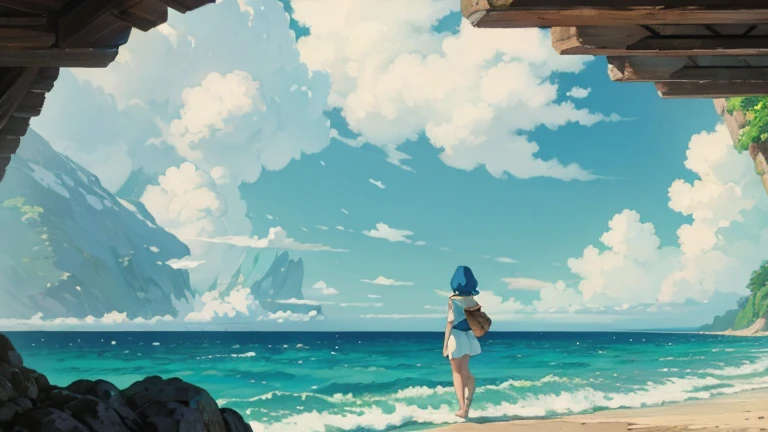 seascape, woman, waves,ghibli style,