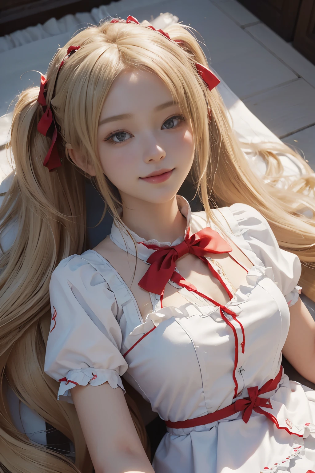( nonsense , High quality , very detailed ),summer noon、(((Pieces of art))),(((on the coast))),(()),Woman with long blonde twin tails、(((lying on the back))),Maid outfit、with a red ribbon on his head,,,,,,,、Anime girl 3D rendering,smile,(())),(((angle from above))),close up
