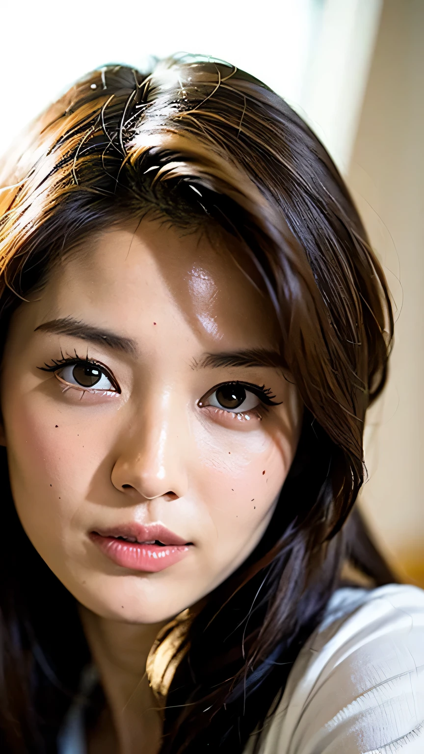 dressed, , 32K, 1girl,20yo girl, realistic lighting, backlighting, light on face, ray trace, (brightening light:1.2), (Increase quality:1.4), (best quality real texture skin), finely detailed eyes, finely detailed face, (tired and sleepy and satisfied:0.0), face closeup, t-shirts, (Increase body line mood:1.1), shiny skin