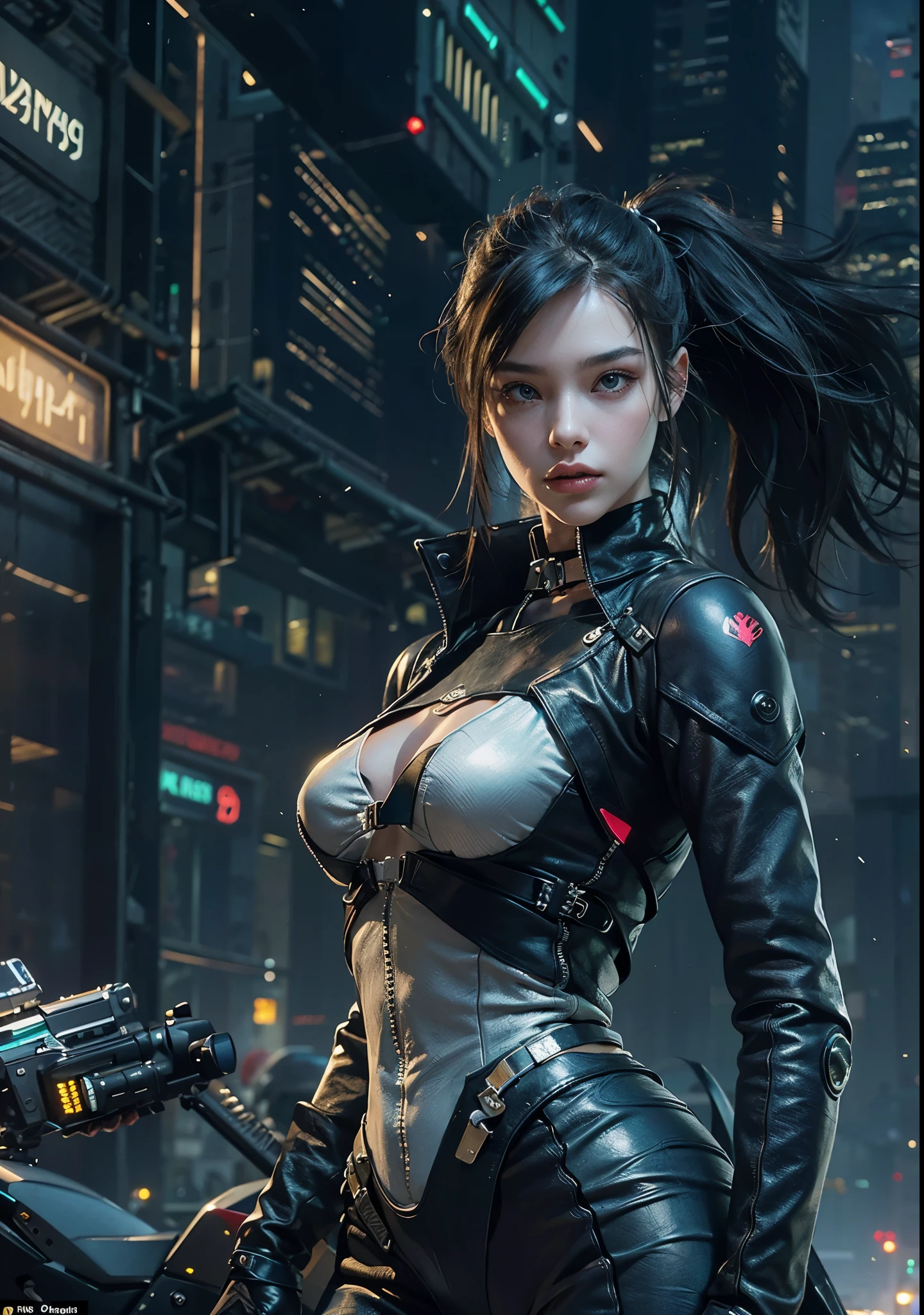 Huntress riding a high-tech motorcycle, Shoot high-tech artillery, Sparks from the gun, (1 female, brown eyes, white skin, Twin-tailed black hair, choker, small breasts, skinny, lip whole, compensate, eyeliner, Russia), Wearing black one-piece leather armor, Long leather gloves, long Leather boots, In a cyberpunk town at night, (cyberpunk theme), (masterpiece, highest quality, 8K, sharp focus, Depth of bounds written, best shadows, perfect light, HDR, realistic skin texture, Ultra-detailed and detailed background), wide shot