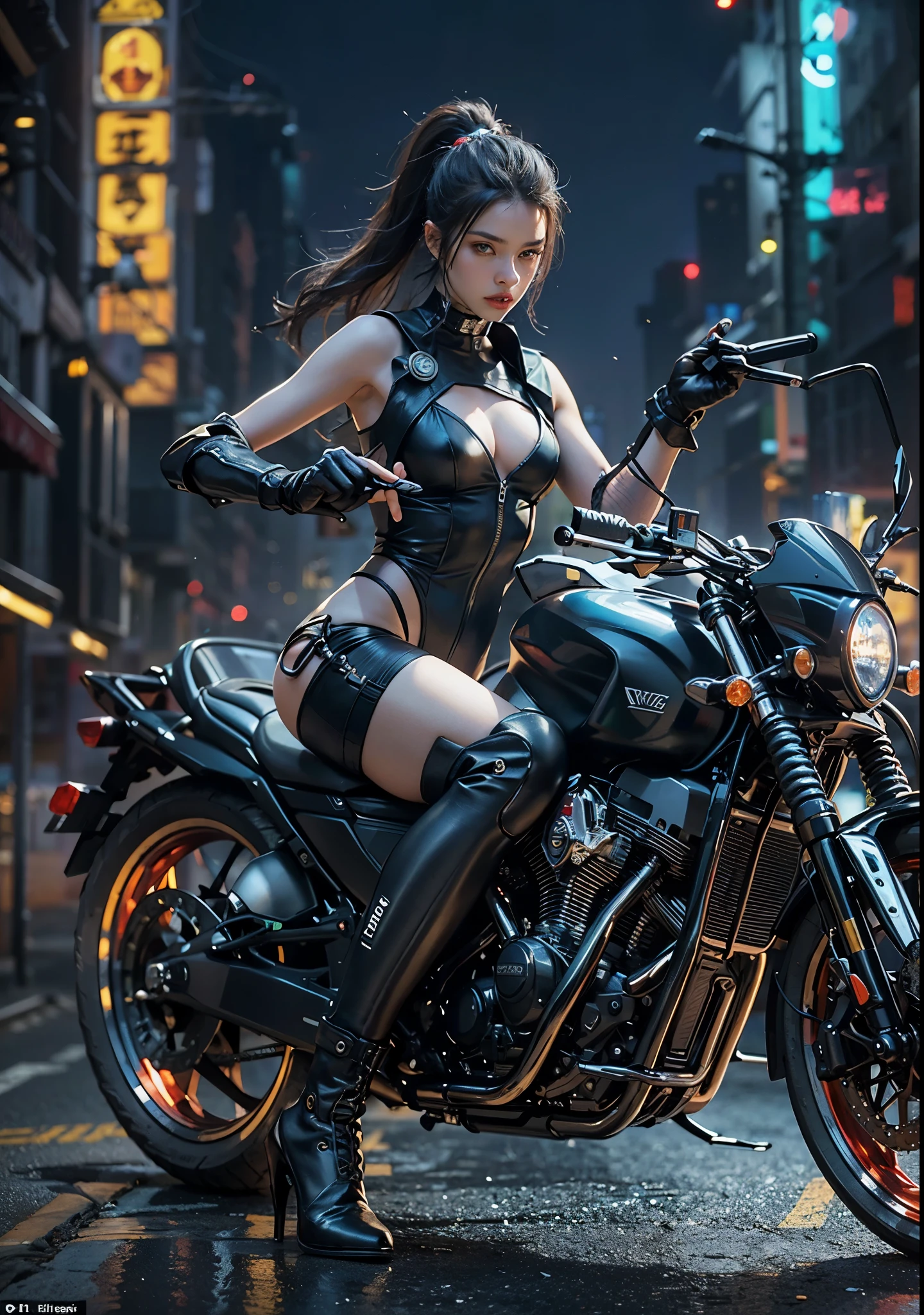 Huntress riding a high-tech motorcycle, Shoot high-tech artillery, Sparks from the gun, (1 female, brown eyes, white skin, Twin-tailed black hair, choker, small breasts, skinny, lip whole, compensate, eyeliner, Russia), Wearing black one-piece leather armor, Long leather gloves, long Leather boots, In a cyberpunk town at night, (cyberpunk theme), (masterpiece, highest quality, 8K, sharp focus, Depth of bounds written, best shadows, perfect light, HDR, realistic skin texture, Ultra-detailed and detailed background), wide shot