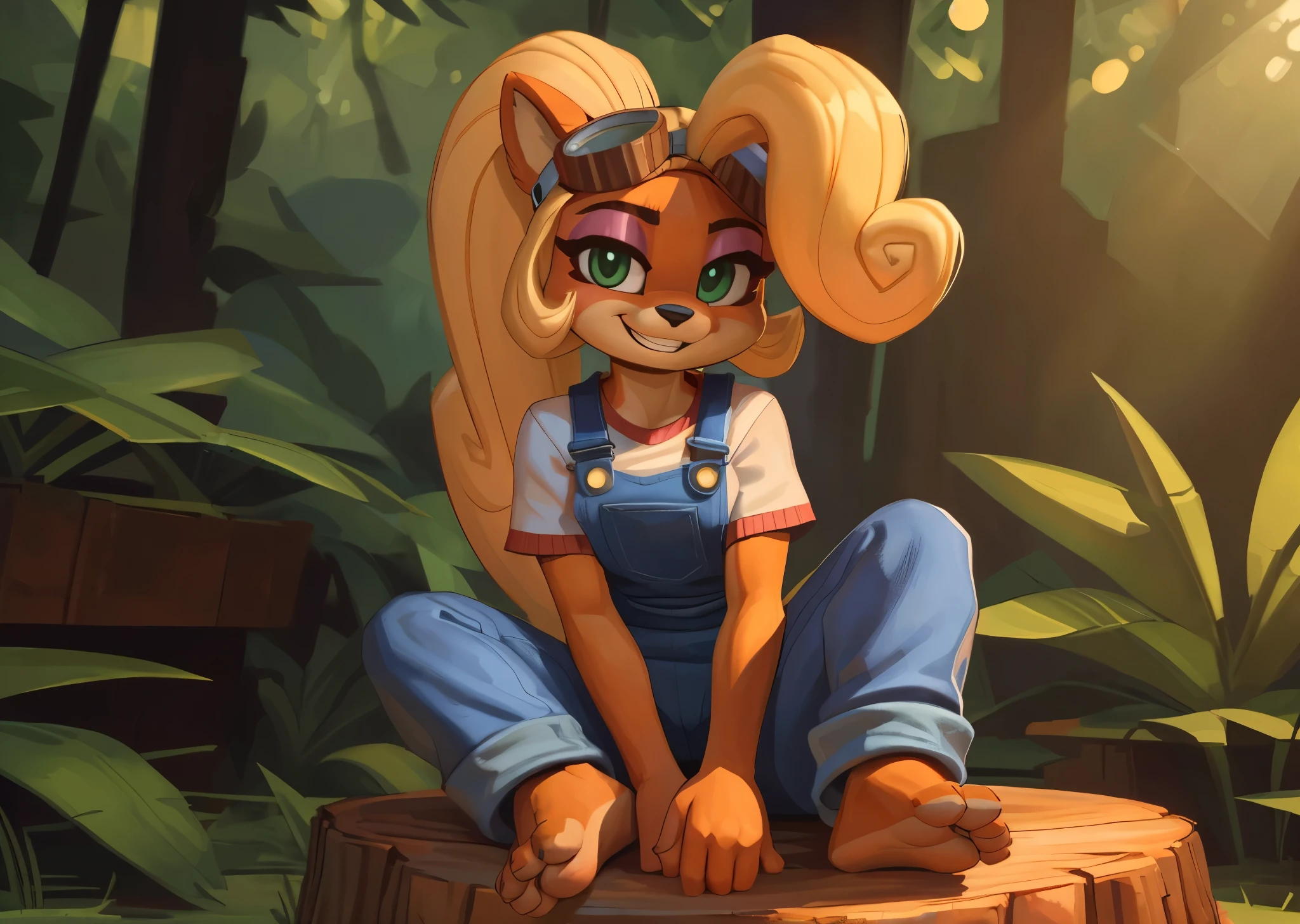 [Coco bandicoot], [Uploaded to e621.net; (Pixelsketcher), (wamudraws)], ((masterpiece)), ((HD)), ((solo portrait)), ((full body)), ((front view)), ((feet visible)), ((furry; anthro)), ((detailed fur)), ((detailed shading)), ((beautiful render art)), ((intricate details)), {anthro; orange fur, black nose, (cute green eyes), (short eyelashes), (pink eyeshadow), (long blonde curly hair), (curly ponytail), (curvy hips), (beautiful legs), (beautiful feet), (blushing), (cute grin)}, {(white tee shirt), (denim overalls), (goggles on head)}, {(on stump), (crossed legs), (wiggling toes), (looking at viewer)}, [background; (tropical forest), (grass plains), (blue sky), (sun rays), (ambient lighting)]