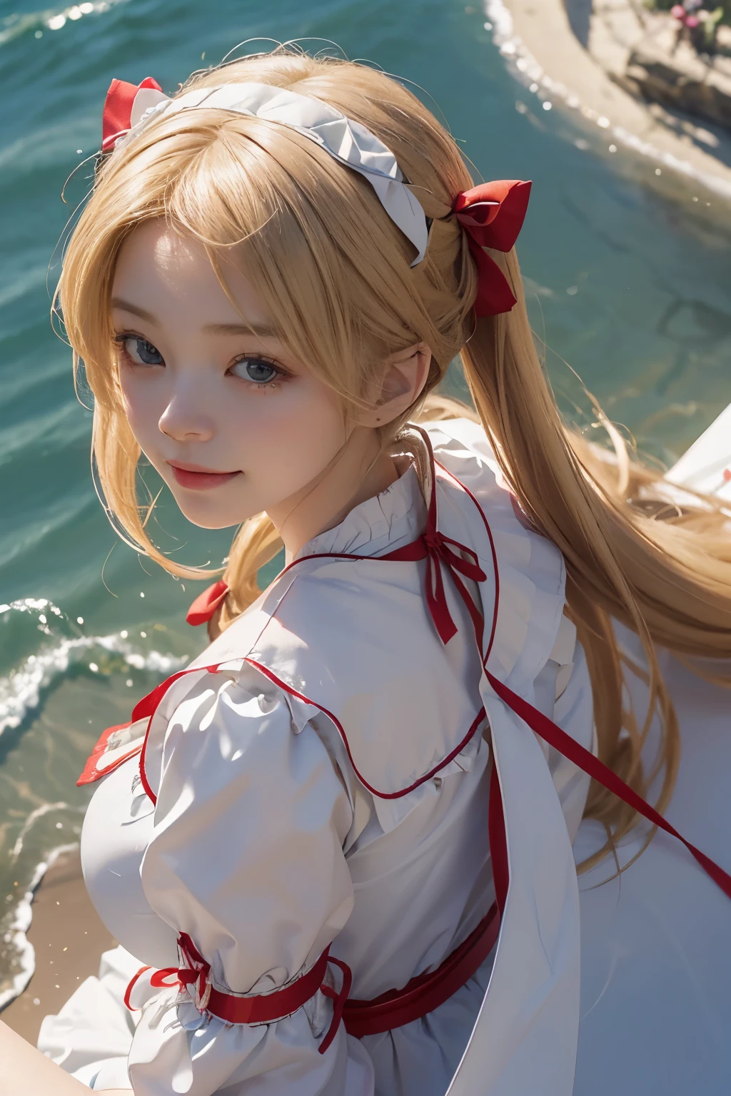 ( nonsense , High quality , very detailed ),summer noon、(((Pieces of art))),(((on the coast))),(()),Woman with long blonde twin tails、(((lying on the back))),Maid outfit、with a red ribbon on his head,,,,,,,、Anime girl 3D rendering,smile,(())),(((angle from above))),close up