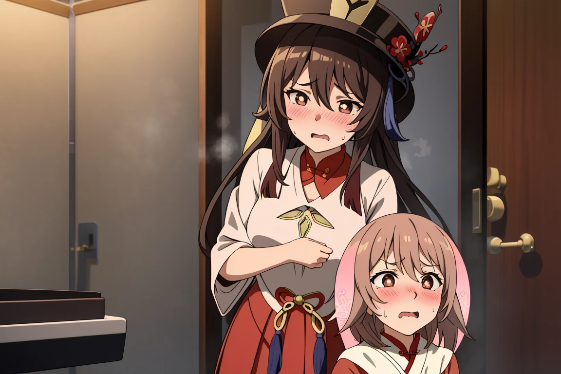 alone, 1 girl, masterpiece, best quality, Japanese cartoons, highly detailed back ground,blush,crouch,shy,blush,original clothing,HuTaoV4,cheongsam,Magician hat,mid length skirt,open mouth,Slobber,sweat,frown,Uncomfortable expression,A patient expression,bathroom,tub,Shower