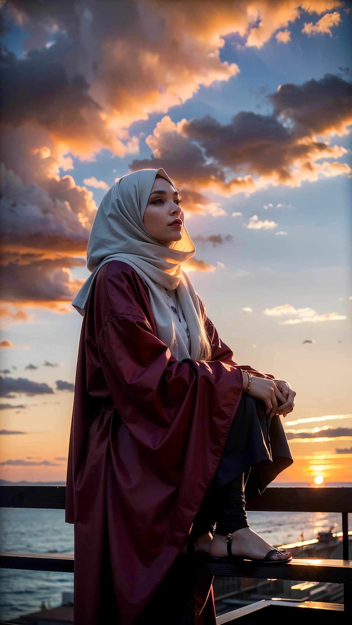 a woman hijab  sitting on a ledge looking out at the sunset, with vibrant sky, with sunset, during a sunset, red hues, taken at golden hour, at a beautiful sunset, girl watching sunset, shot at golden hour, during sunset, at sunrise, during golden hour, by irakli nadar, with beautiful colors, in the sunset, looking at sunset