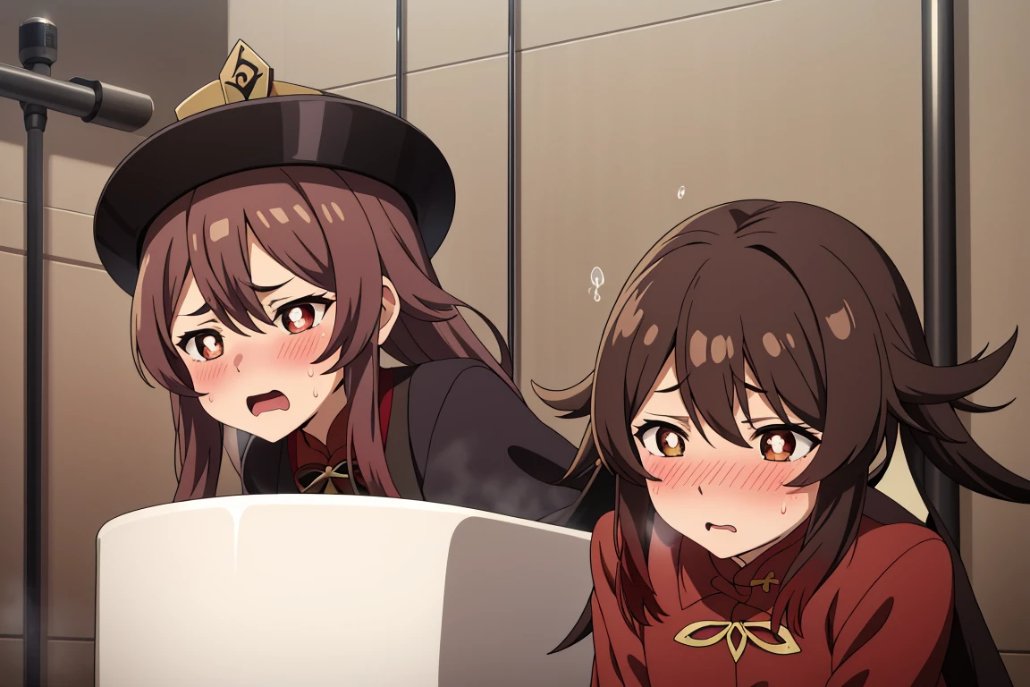 alone, 1 girl, masterpiece, best quality, Japanese cartoons, highly detailed back ground,blush，crouch，shy，blush，original clothing，HuTaoV4，cheongsam，Magician hat，mid length skirt，open mouth，Slobber，sweat，frown，Uncomfortable expression，A patient expression，bathroom，tub，Shower