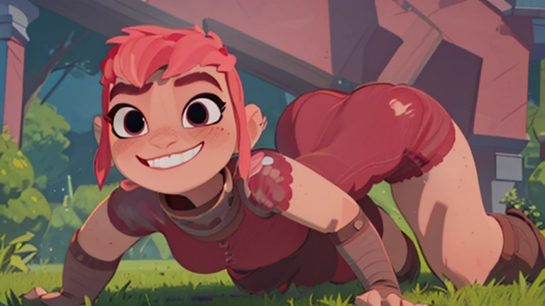 (Best quality, ultra detailed, masterpiece, 1girl), ((((solo)))), ((rear view)), Human, female, nimona, (making a sexy pose, on all fours), ((looking at viewer, smiling, with a smug expression)), black eyes, (((blushing))), (pink hair), sharp, large breasts, (wide hips, thick thighs, thick legs), sharp eyes, perfect eyes, ((wearing crimson shorts, a red t-shirt, a black collar)), in a street, at midnight, dark night