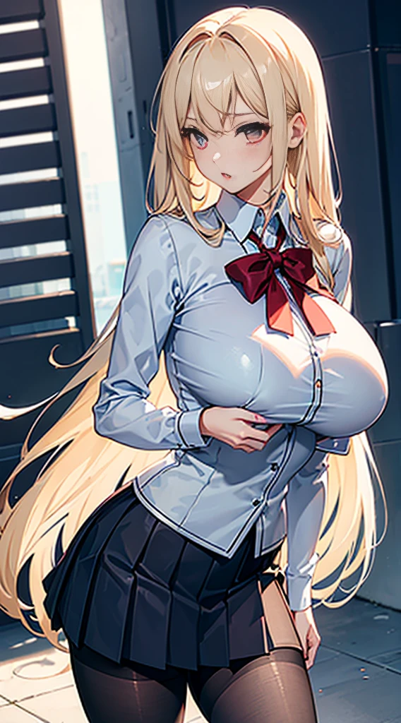 1girl, masterpiece,  best quality, slender girl with hourglass body and huge breasts, solo, pretty, cute, shy girl, ((girl wears school uniform, short pleated skirt, white blouse, Korean school uniform)), sexy, girl shows enticing breasts, ((platinum blond hair, long hair)), pink colored eyes, pink orbs, detailed eyes, beautiful eyes, delicate eyes, ((hourglass body, sexy body)), correct anatomy, correct limbs, ((huge breasts:1.6)), juicy lips, pouty lips, [detailed background (korean school, korean high school, Seoul, south korea)]BREAK((pantyhose)),((side shot))