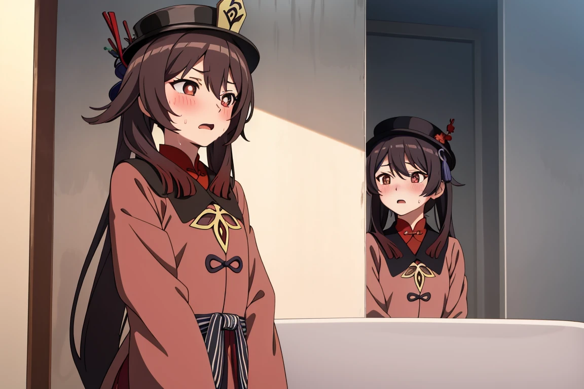 alone, 1 girl, masterpiece, best quality, Japanese cartoons, highly detailed back ground,blush,crouch,shy,blush,original clothing,HuTaoV4,cheongsam,Magician hat,mid length skirt,open mouth,Slobber,sweat,frown,Uncomfortable expression,A patient expression,bathroom,tub,Shower,Genshin,HuTaoV4,
