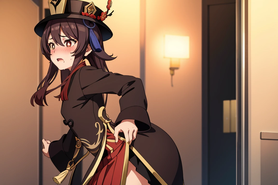 alone, 1 girl, masterpiece, best quality, Japanese cartoons, highly detailed back ground,blush，crouch，shy，blush，original clothing，HuTaoV4，cheongsam，Magician hat，mid length skirt，open mouth，Slobber，sweat，frown，Uncomfortable expression，A patient expression，bathroom，tub，Shower，Genshin，HuTaoV4，