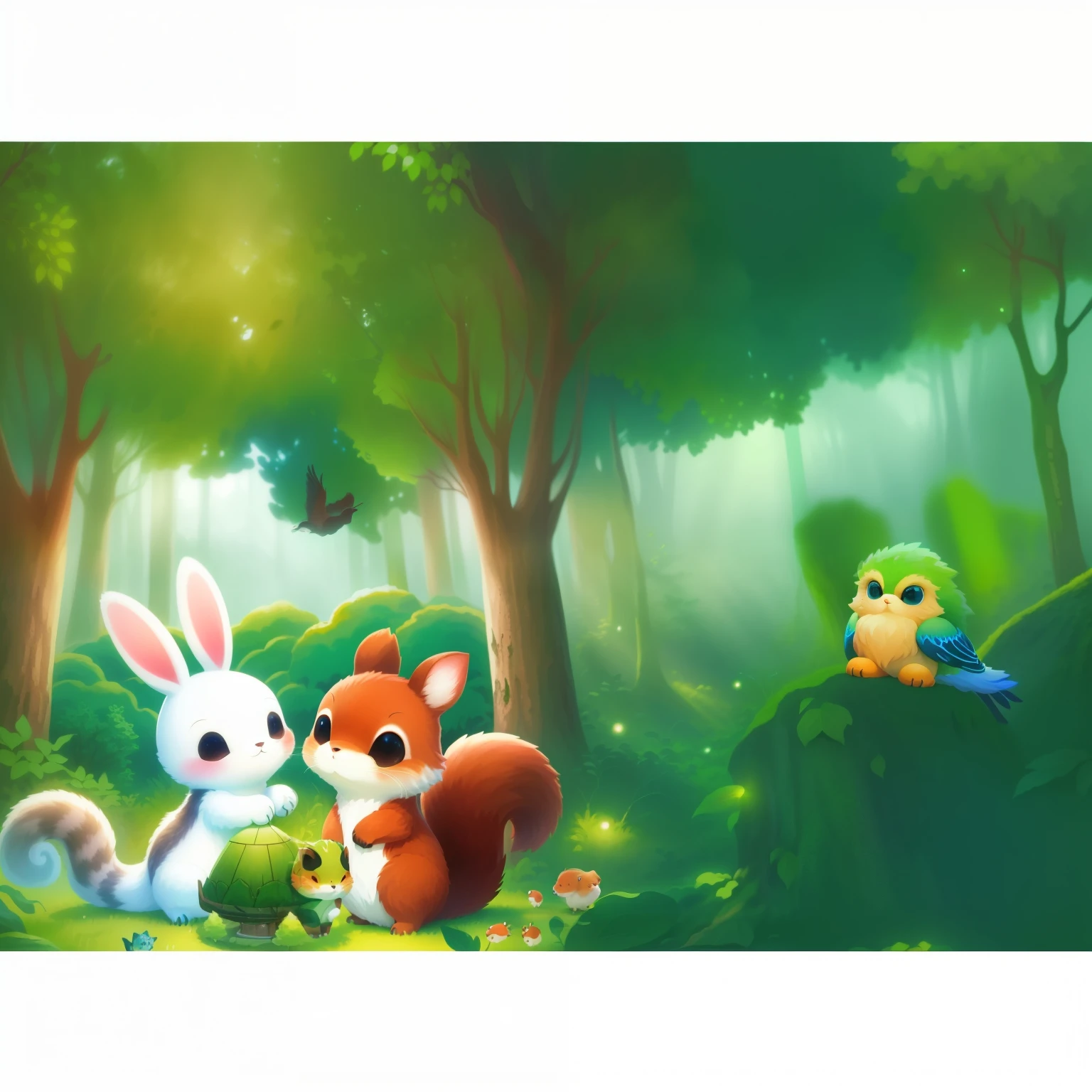There are many animals together in the forest, Three forest creatures, adorable digital paintings, forest background, cute forest creature, magical forest backround, Forest theme, 柔らかいforest background, cute digital art, woodland backround, magical forest background, Capricious forest, magical forest, in the magical forest, In the deep forest of Hangul, forest picnic