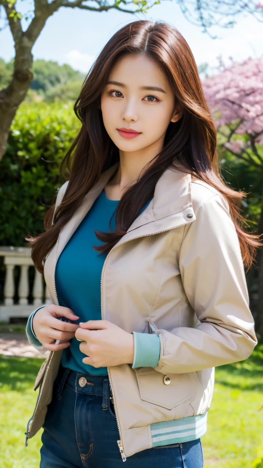 (highest quality 、HDR UHD 、Professional)、(Photoreal:1.4)、1 girl、japanese woman、Natural light、 realistic face、 long brown hair、 wearing a jacket、garden、grass、(Cherry tree)、blue sky