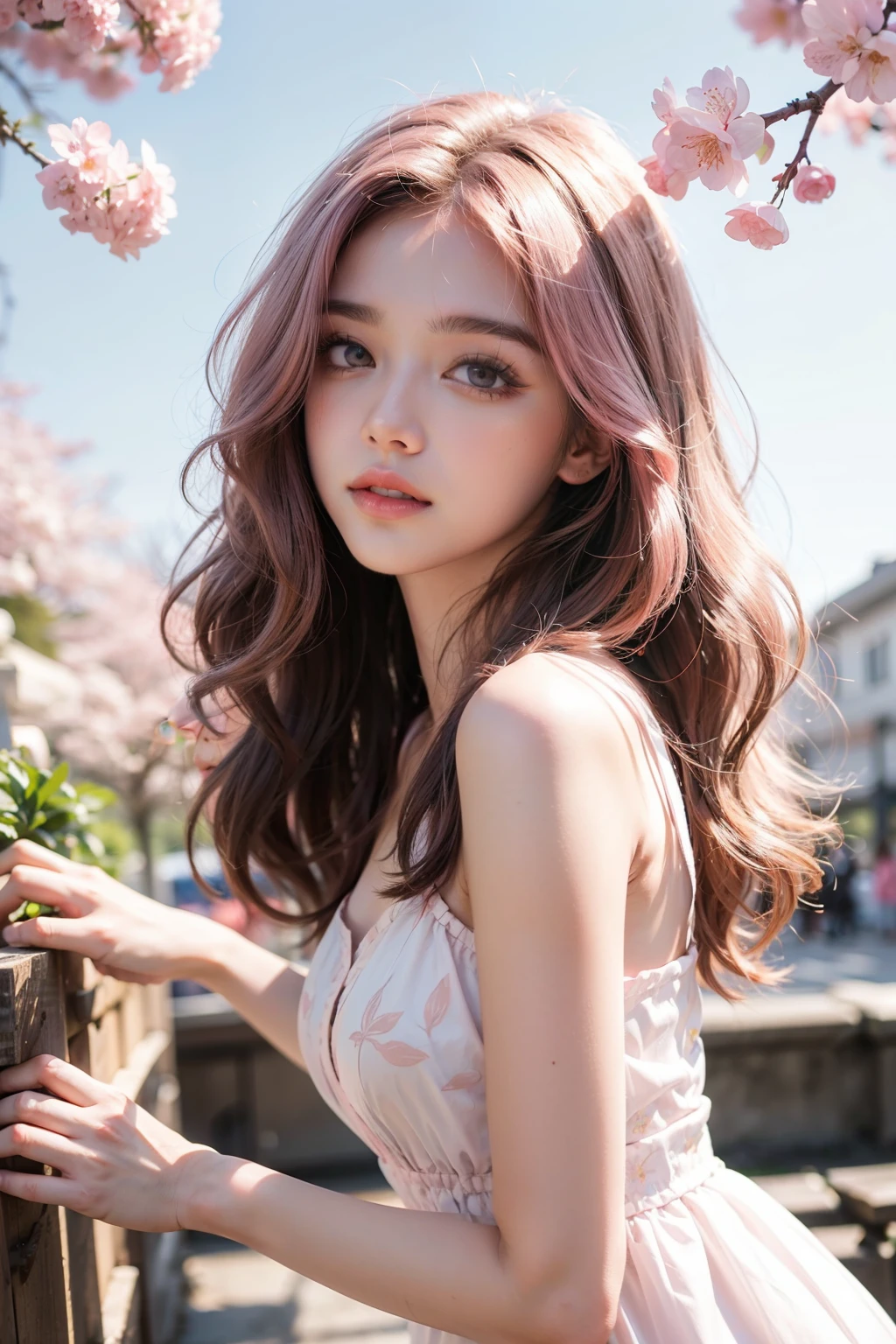 Light pink hair, pink eyes, pink and white, sakura leafs, vivid colors, completely nude,
paint splash, simple background, ray tracing, wavy hair