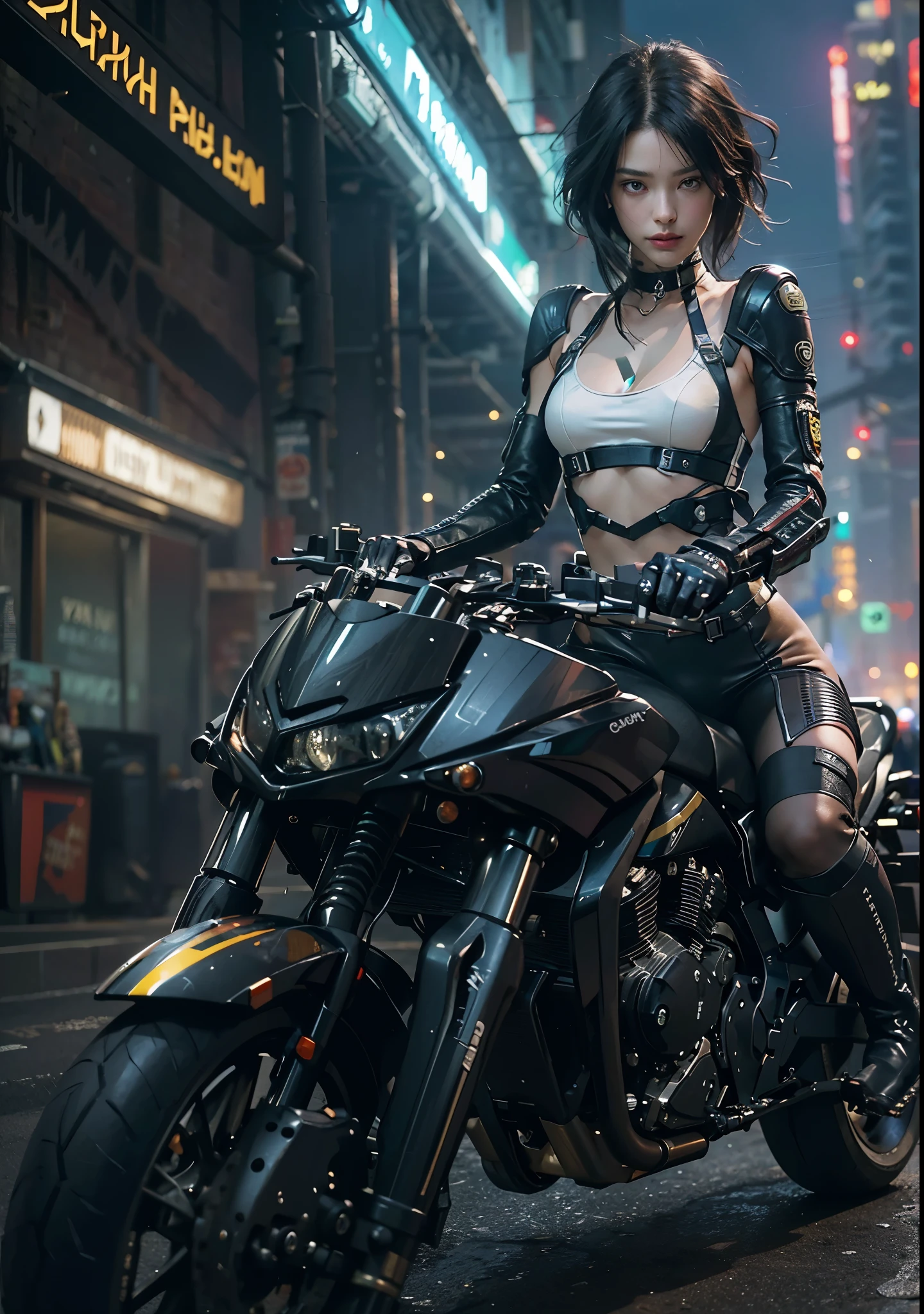 Huntress riding a high-tech motorcycle, Shoot high-tech artillery, Sparks from the gun, (1 female, brown eyes, white skin, Twin-tailed black hair, choker, small breasts, skinny, lip whole, compensate, eyeliner, Russia), Wearing black one-piece leather armor, Long leather gloves, long Leather boots, In a cyberpunk town at night,  (cyberpunk theme), (masterpiece, highest quality, 8K, sharp focus, Depth of bounds written, best shadows, perfect light, HDR, realistic skin texture, Ultra-detailed and detailed background), wide shot