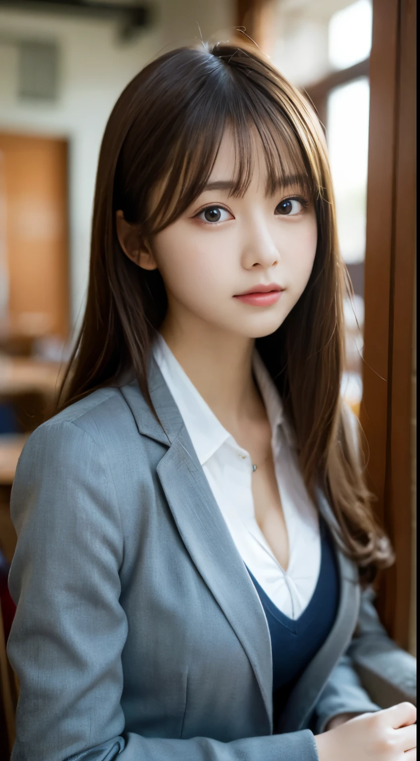 table top, highest quality, figure, super detailed, finely, High resolution, 8k wallpaper, 完璧なダイナミックな構figure, beautiful and fine eyes,  natural lip,blazer ,school uniform, cleavage, whole body