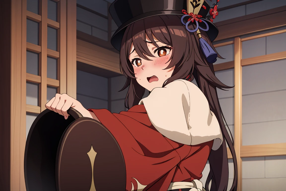 alone, 1 girl, masterpiece, best quality, Japanese cartoons, highly detailed back ground,blush,crouch,shy,blush,original clothing,HuTaoV4,cheongsam,Magician hat,mid length skirt,open mouth,Slobber,sweat,frown,Uncomfortable expression,A patient expression,bathroom,tub,Shower,Genshin,HuTaoV4,