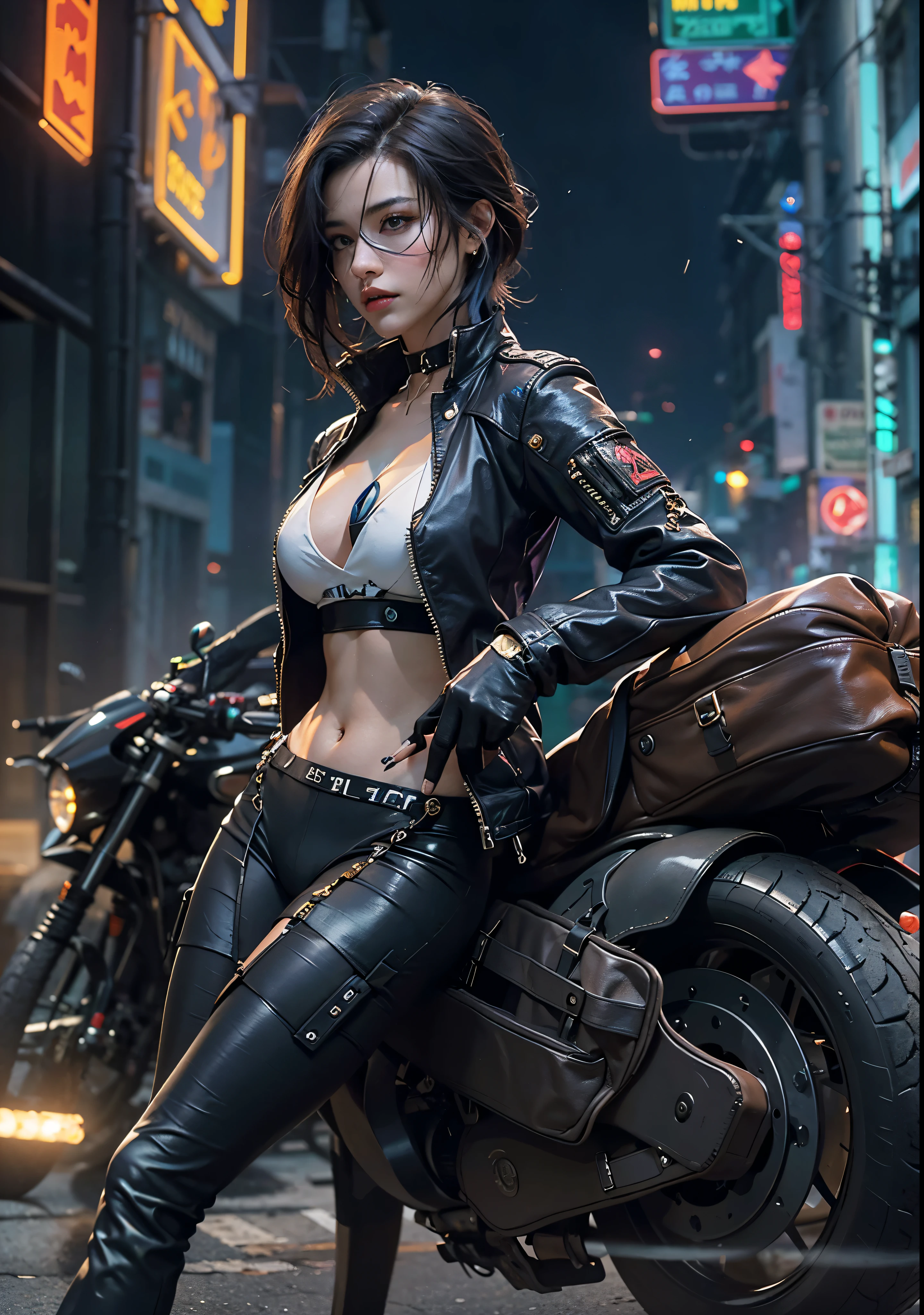 Huntress riding a high-tech motorcycle, Shoot high-tech cannons, Sparks from guns, (1 female, brown eyes, white skin, Twin-tailed black hair, choker, small breasts, skinny, lip whole, compensate, eyeliner, Russia), Wearing black one-piece leather armor, Long leather gloves, long Leather boots, In a cyberpunk town at night, (cyberpunk theme), (masterpiece, highest quality, 8K, sharp focus, written boundary depth, best shadows, perfect light, HDR, realistic skin texture, Ultra-detailed and detailed background), wide shot、(camel toe, camel toe, vulva shaped:1.25)