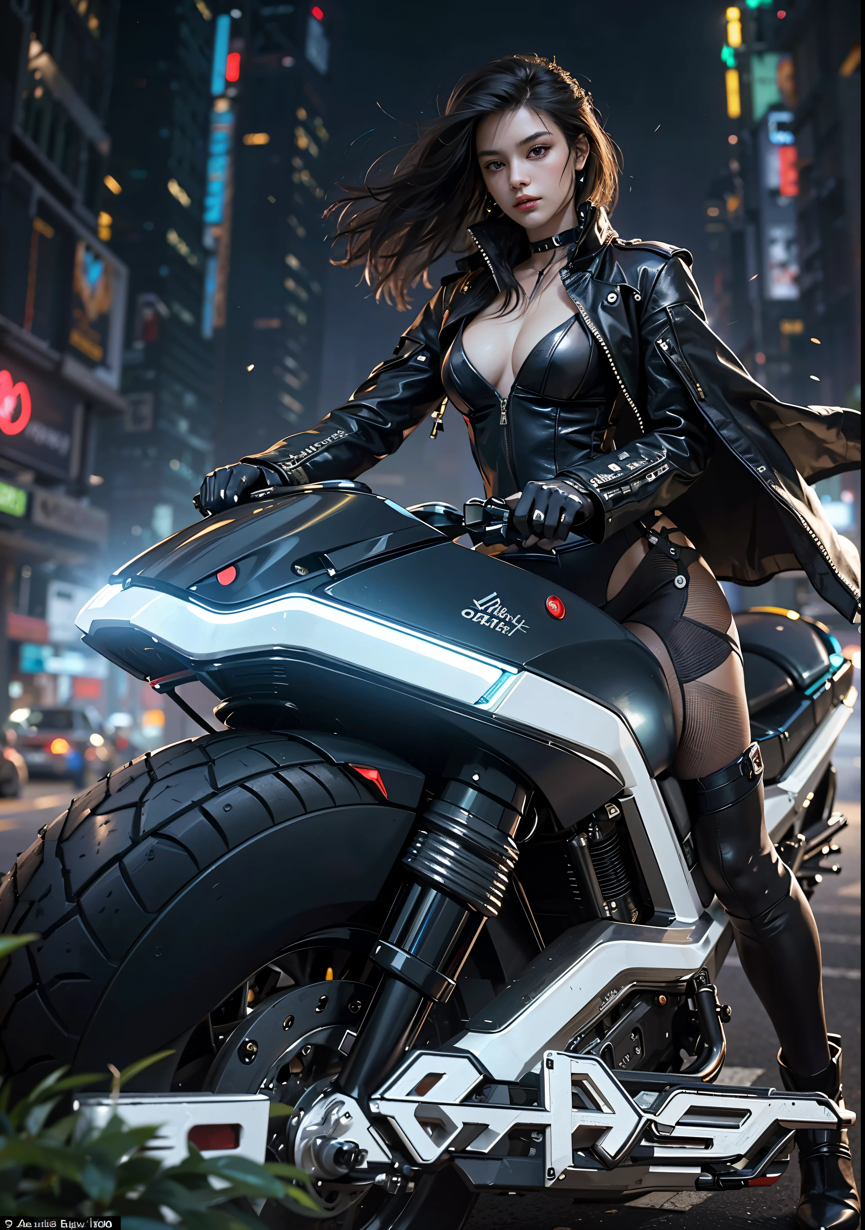 Huntress riding a high-tech motorcycle, Shoot high-tech cannons, Sparks from guns, (1 female, brown eyes, white skin, Twin-tailed black hair, choker, small breasts, skinny, lip whole, compensate, eyeliner, Russia), Wearing black one-piece leather armor, Long leather gloves, long Leather boots, In a cyberpunk town at night,  (cyberpunk theme), (masterpiece, highest quality, 8K, sharp focus, written boundary depth, best shadows, perfect light, HDR, realistic skin texture, Ultra-detailed and detailed background), wide shot